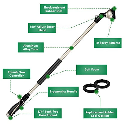 RESTMO 36' Long Watering Wand, Metal Garden Hose Wand with 180 Swivel Head, Heavy Duty, Aluminum & Zinc, 10 Watering Patterns, Thumb Control Sprayer