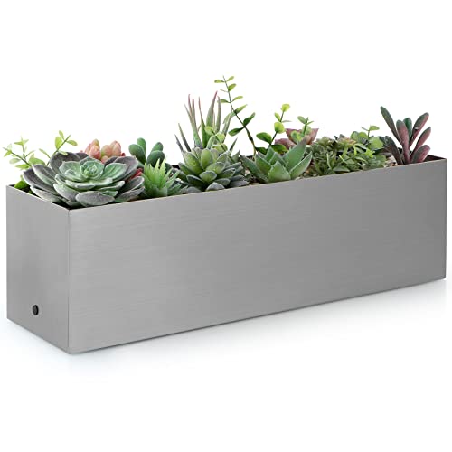 17" Large Stainless Steel Planter Box with Drain Holes and Water Reservoir, Rectangle Succulent Trough Planter Pot for Indoor Outdoor Windowsill, Table Decor (Brushed Nickel) - color: Nickel