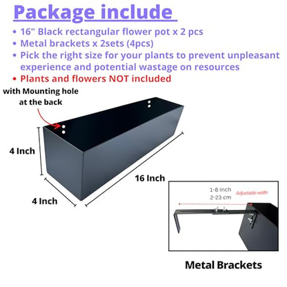 LaLaGreen Railing Planter Box (16 Inch, 2 Pack) Black Metal Rectangular Hanging Flower Boxes with Brackets, Planters for Outdoor Deck Railings Fence Over Rail Balcony Patio Porch Modern Garden Decor - size: 16" x 2 Pack