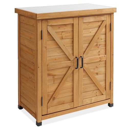 Casafield Outdoor Garden Potting Bench with Metal Tabletop and Storage Cabinet - Wooden Outdoor Garden Patio Workstation Table, Natural