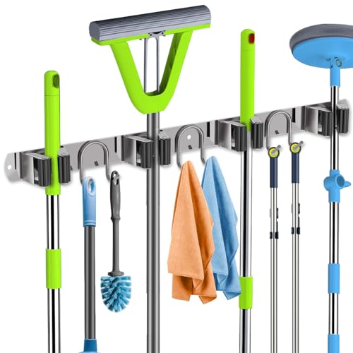 Mop Broom Holder Wall Mount, Silver Stainless Steel Tool Storage Organizer for Kitchen Garden Garage Laundry Room Bathroom and RV with 4 Slots 6 Hooks - color: Silver-1 Pack
