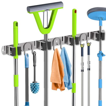 Mop Broom Holder Wall Mount, Silver Stainless Steel Tool Storage Organizer for Kitchen Garden Garage Laundry Room Bathroom and RV with 4 Slots 6 Hooks - color: Silver-1 Pack