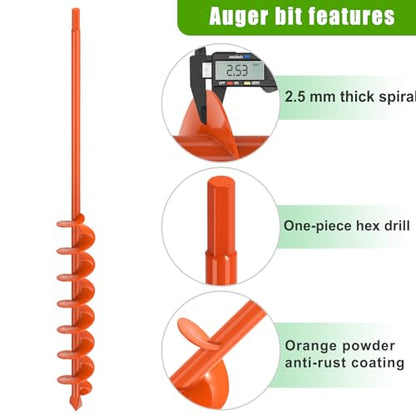 Insaga Auger Drill Bit for Planting 2x32 Inch, Heavy Duty Garden Earth Auger with Safety Edges & Orange Anti-Rust Coating, Compatible with Cordless Drills for Clay/Rocky Soil/Sandy Lawn (Hex Shank) - size: 2x32''