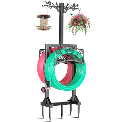 Garden Hose Holder for Outside,Water Hose Holders with 2 Bird Statue Shepherds Hooks & 5 Spikes,Double-Sided Freestanding Hose Stand Heavy Duty Hose Storage Rack for Outdoor Yard Lawn Farm - color: Deep Black