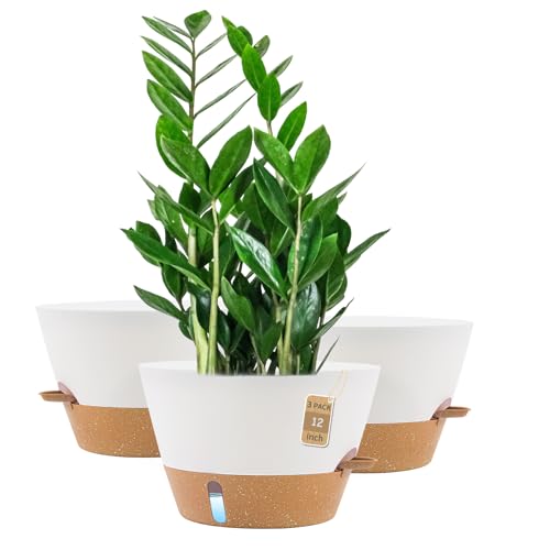 12 Inch Self Watering Pot with Visual Water Window, Drainage Holes & Watering Lip, Set of 3 Large Plastic Planters for Indoor Outdoor Plants, Modern Decorative Flower Pot (White) - color: White, size: 12 Inch-Set of 3