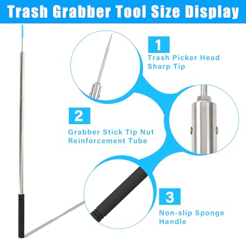 Trash Picker Upper Grabber Extra Long,62 Inch Trash Pickup Tool Heavy Duty Stainless Steels Tip Lightweight Reinforcement Debris Nabber Litter Picker Grabber Durability Sponge Handle - size: 62 Inch
