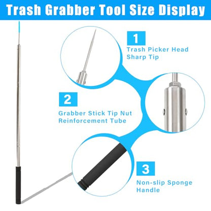 Trash Picker Upper Grabber Extra Long,62 Inch Trash Pickup Tool Heavy Duty Stainless Steels Tip Lightweight Reinforcement Debris Nabber Litter Picker Grabber Durability Sponge Handle - size: 62 Inch