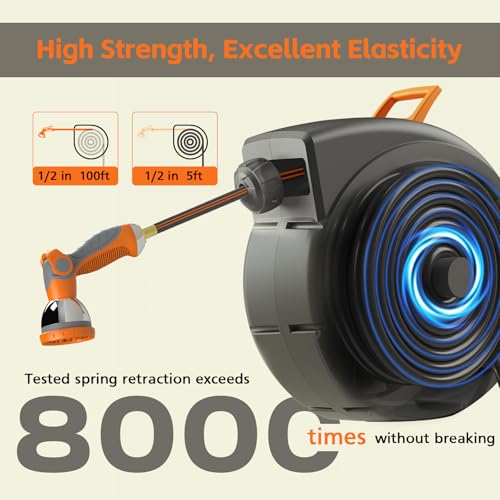 Retractable Garden Hose Reel 100 FT, 1/2" Heavy Duty Garden Hose - color: Gray & Orange