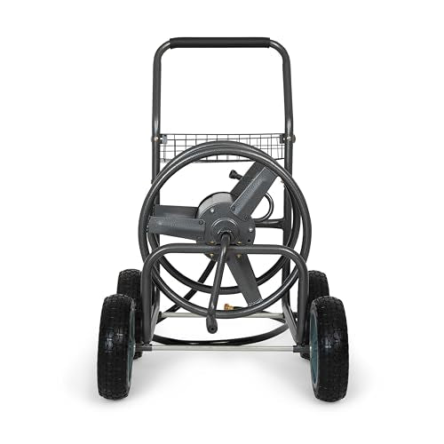Backyard Expressions 4‑Wheel Garden Hose Reel Cart with Storage Basket, Hand‑Crank Rewind, Rust‑Resistant Hammertone Gray Finish, Brass Connectors - style: 2026 4 Wheel