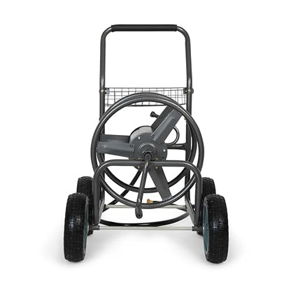 Backyard Expressions 4‑Wheel Garden Hose Reel Cart with Storage Basket, Hand‑Crank Rewind, Rust‑Resistant Hammertone Gray Finish, Brass Connectors - style: 2026 4 Wheel