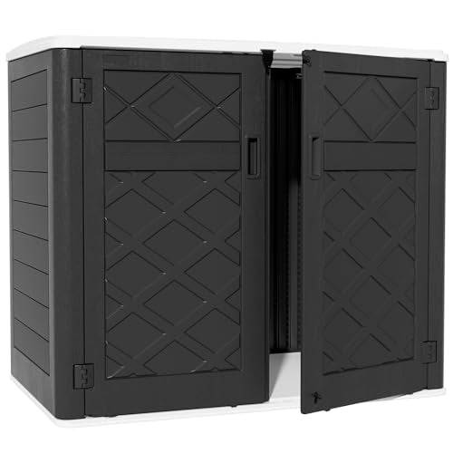 ZZM Large Outdoor Storage Shed, 48 Cu Ft Resin Versatile Storage Cabinet for Patio Accessories, Trash Cans & Garden Tools, Durable Horizontal Storage Box with Lockable Lid (Black) - color: Gray-48 cu ft