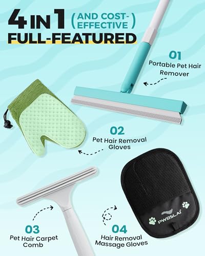 Carpet Rake for Pet Hair Removal Tool - 4 in 1 Pet Hair Remover Kit for Dog Cat Fur Remover, Contain 60" Adjustable Rubber Broom, Glove, Magic Brush and Scraper for Furniture (Blue) - color: Blue