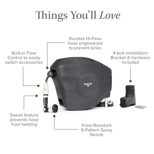 HOSELINK Classic Charcoal 82ft Hi-Flow Automatic Retractable Hi-Flow Garden Hose Reel, 9/16”, UV-Stabilized Kink-Free Hose, Wall Mounted Complete Watering Solution for Backyard, Garden & Outdoor - size: 82ft 9/16" Hi-Flow