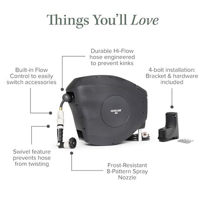 HOSELINK Classic Charcoal 82ft Hi-Flow Automatic Retractable Hi-Flow Garden Hose Reel, 9/16”, UV-Stabilized Kink-Free Hose, Wall Mounted Complete Watering Solution for Backyard, Garden & Outdoor - size: 82ft 9/16" Hi-Flow