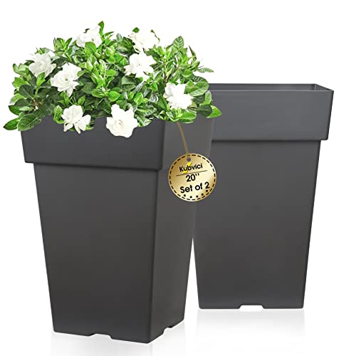 Tall Planters for Outdoor Plants, 20 Inch Movable Drainage Large Outdoor Planter Indoor Planters, Set of 2 Plastic Planters for Front Porch Door Garden Balcony Deck, Dark Gray 20" - color: Dark Gray