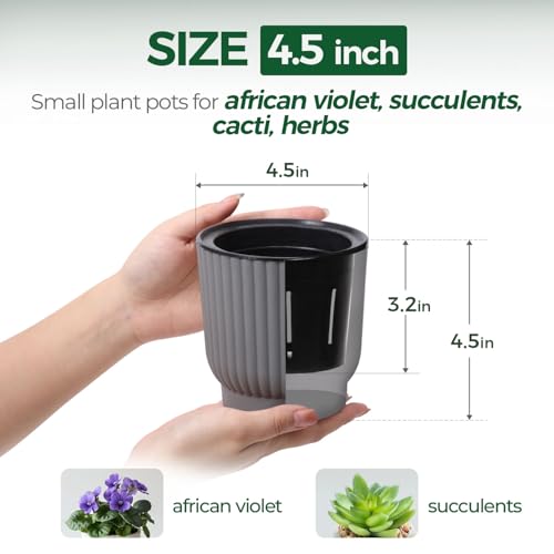 T4U Self Watering Pots for Indoor Plants, 4.5 Inch 6 Pack Planter Gray - color: Gray, size: 4.5 Inch