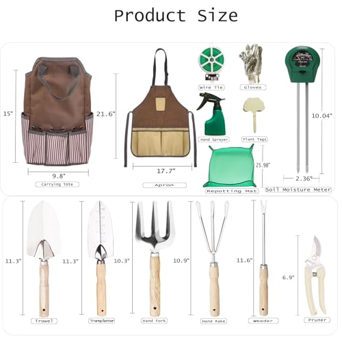 14 PCS Garden Tool Set with Soil Moisture Meter, Stainless Stell Heavy Duty Gardening Hand Tools with Wood Handle, Tote Bag, Repotting Mat, Gardening Tool Set Ideal Gift for Women and Men