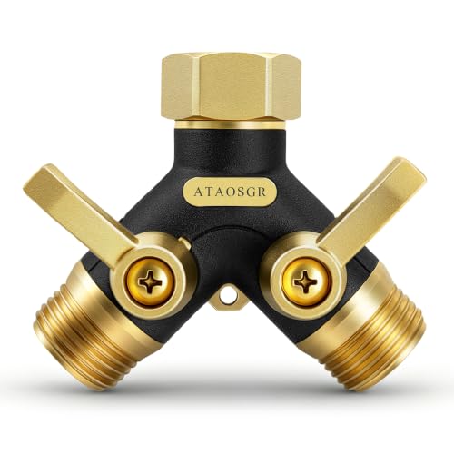 Garden Hose Splitter 2 Way Heavy Duty, Metal Body Water Hose Splitter with Shut-Off Valve, Full Flow Hose Bib Splitter, 3/4'' GHT Y Hose Connector For Outdoor Spigot Faucet - color: Golden yellow