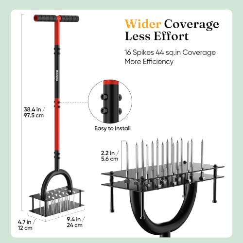 Grenebo Lawn Aerator Manual Aerator Lawn Tool with 16 Spikes, Black Red - color: Black Red