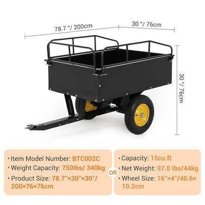 750LB Heavy Duty Dump Cart, 15 Cubic Ft Steel Garden Cart Utility Trailer with Removable Gate & 16" Pneumatic Tires, Pull Behind Hauler for Lawn Mower, ATV/UTV, Tractor for Yard Work, Farming