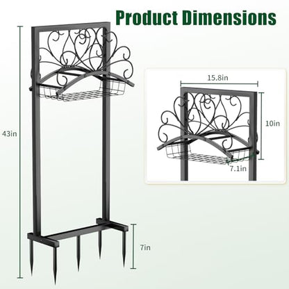 Garden Hose Holder, Heavy-Duty Metal Water Hose Holder with Detachable Storage Basket, Freestanding Hose Stand & Organizer for Outside Yard Lawn, Rust-Resistant Hose Rack for Easy Hose Storage