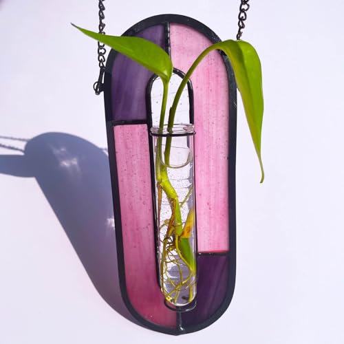 LITMIND Plant Propagation Station, Hanging Hydroponic Planter Terrarium with Vibrant Stained Glass Suncatcher Elements - Perfect for Home & Garden Decor, Includes 2 Glass Propagation Tubes - color: Style A02 (Dusty Rose)