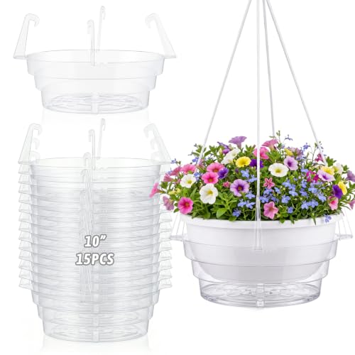 Gejoy 15 Pcs 10 Inch Hanging Plant Water Catcher Tray Clear Plastic Baskets Drip Pans for Flower Pot, Round Plant Saucer with Hooks for Balcony Patio Indoor Outdoor Watering Accessories - size: 10 Inch