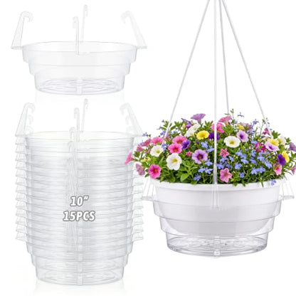 Gejoy 15 Pcs 10 Inch Hanging Plant Water Catcher Tray Clear Plastic Baskets Drip Pans for Flower Pot, Round Plant Saucer with Hooks for Balcony Patio Indoor Outdoor Watering Accessories - size: 10 Inch