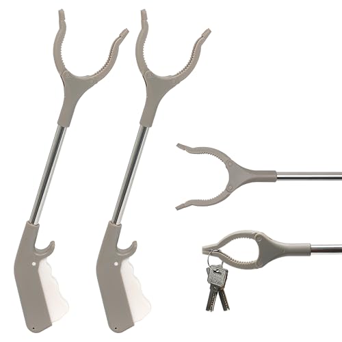 2pcs Short Grabber Reacher Tool for Seniors, 16 Inch Small Mini Extra Strong Tongs for Handicap Elderly Childrens Adult, Trash Litter Reaching Picker Stick, Heavy Duty Extension Helping Hands, Grey