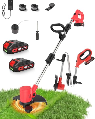 21V 2 in 1 Cordless String Trimmer and Edger, 12" Auto-Feed Electric Weed Wacker, Lightweight Weed Eater with 2 X 4Ah Batteries, Grass Cutter Lawn Tool with 2 Line Spools for Garden Yard