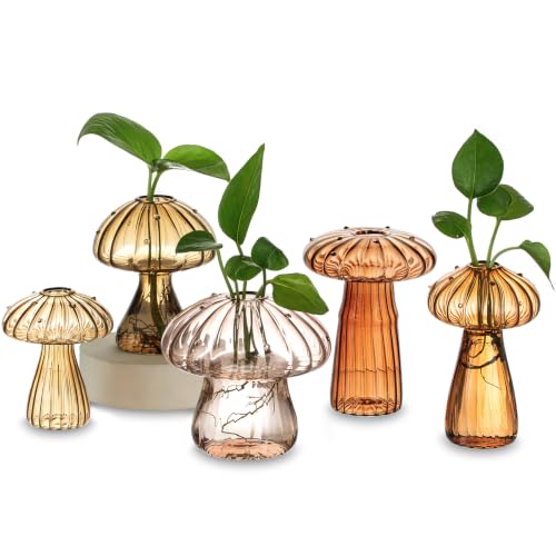 Hewory Plant Propagation Stations: 5PCS Amber Mushroom Vase for Flower - color: Multi-brown, size: 5