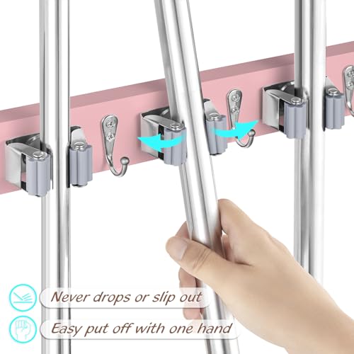 OUTNILI Pink Mop Broom Holder Wall Mount with 4 Slots & 4 Hooks - Wood Broom Mop Hanger for Pantry Closet Laundry Room Kitchen Organization - for Pink Kitchen Decor and Accessories - color: Pink-4 Grips, size: 1 Pack