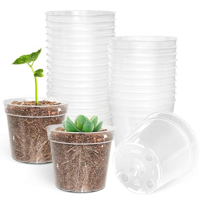 BTPLASTIK 50 Pack 2.5 Inch Clear Nursery Pots for Plants, Sturdy Plastic Plant Pot for Planting Vegetables Flowers Seedlings, Transparent Seed Starter Pots with Drainage Holes, garden, Gardening Gifts - size: 2.5 Inch-50P