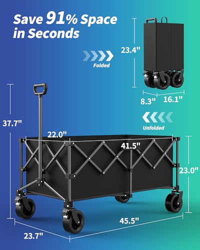 Kitsure Collapsible Wagon with Wheels, 45.5" L 37.7" H, Heavy Duty, Black