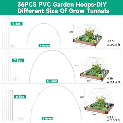 Greenhouse Garden Hoops for Raised Beds Plant Cover Netting, 36pcs PVC Adjustable Garden Hoop with 20 Clips for Shade Cloth Net, Rust-Free Green House Hoops Grow Tunnel Plant Hoop Support DIY Frame