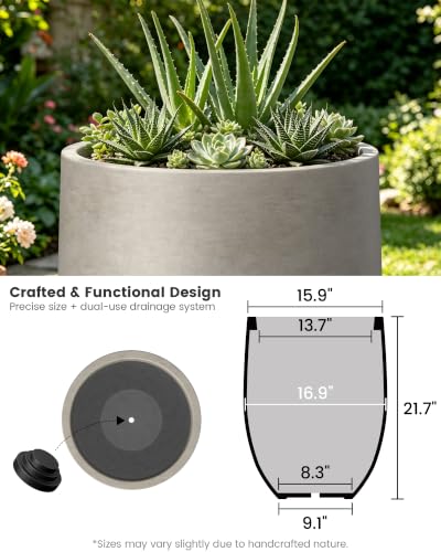 Kante 21.7" Tall Concrete Planter, Large Round Bullet Pot, Weathered Finish - color: Weathered Concrete