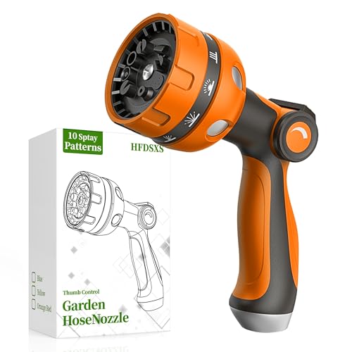 Garden Hose Nozzle, Heavy Duty Water Hose High Pressure Sprayer with 10 Watering Patterns, Thumb Control On Off Valve, for Watering outdoor Plants & Lawn, Car & Pet Washing-(Orange Red) - color: Orange red