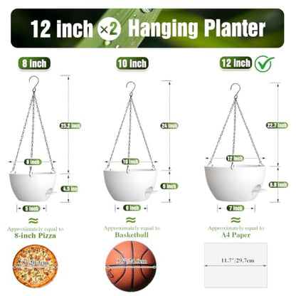 12 Inch Large Self Watering Hanging Planters 2 Pack with Saucers - color: White, size: 12 Inch 2 Pack