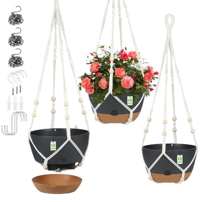 3 Pack Hanging Planters Set, 10inch Self-Watering Hanging Plant Pot, Macrame Plant Hanger with Pot, Chains, S & Ceiling Hooks, Removable Saucer and Drainage Holes for Indoor, Outdoor Plants - Black - color: Black