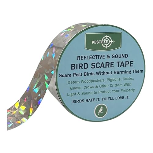 PESTEZE USA Bird Deterrent Reflective Tape–Dual-Sided Holographic Scare Ribbon (2in x 360ft) to Repel Nuisance Birds and Protect Gardens, Patios, Yards & Buildings from Pigeons, Woodpeckers, & Geese