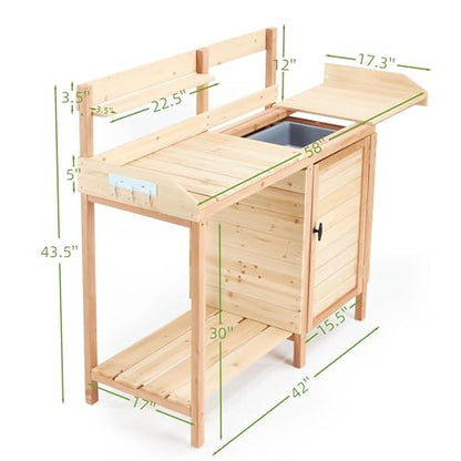 42" Outdoor Potting Bench with Sink, Wooden Potting Table with Sliding Tabletop, Storage Cabinet & Bottom Shelf, Garden Work Bench for Patio Backyard Porch, Natural