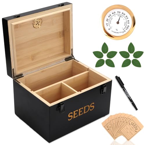 Professional-Designed Bamboo Seed Storage Box with Built-in Hygrometer, Double-Layer Airtight Lid and Safety Lock, Temperature-Stable Wooden Seed Organizer for Preservation, Great Gifts for Gardener - color: Black