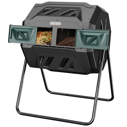 East Oak Compost Tumbler Outdoor, 43-Gal Dual Chamber Compost Bin with 2 Sliding Door and Aeration System, Tumbling Rotating Composter Bin for Kitchen, Garden, Yard - color: Black, size: 43 Gallon