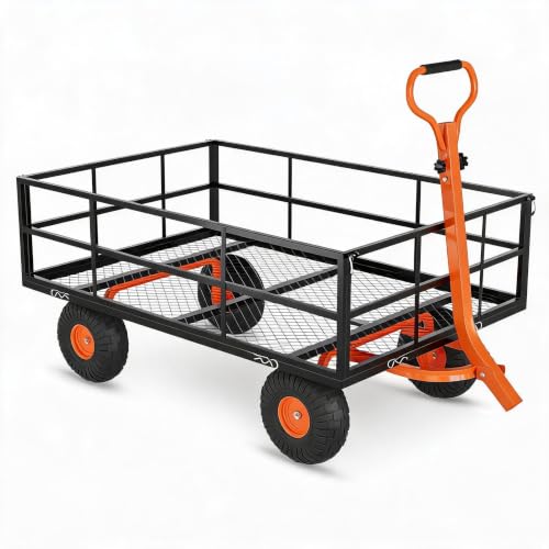 Steel Garden Cart on Wheels, 1200 Lbs Heavy Duty Yard Utility Wagon with Removable Mesh Sides, All Terrain Pneumatic Tires, Durable Metal Frame for Lawn, Garden, Farm - Black Orange - color: Black+orange, size: 1200LBS