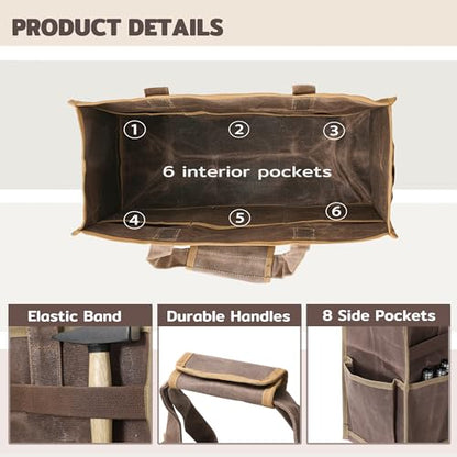 Canvas Large Tool Bag - A Large Main Pocket and 14 Insert Pockets Garden Tool Tote Bag - Durable 16oz Waxed Canvas Tool Case with Handle - Tool not Included - color: Grey