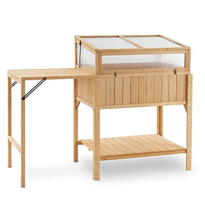 Macrout Cold Frame Greenhouse with Foldable Potting Table, Raised Garden Bed Planter Box with Legs and Wooden Greenhouse with Shelf for Vegetables, Herb and Flowers Use, 0399