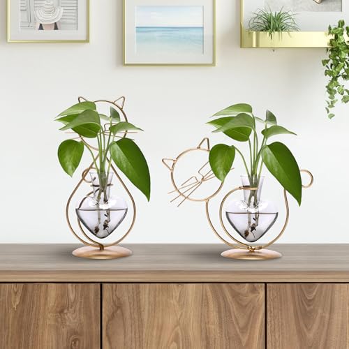Plant Terrarium Propagation Station Gifts for Women Cat Lover - color: Gold Gray