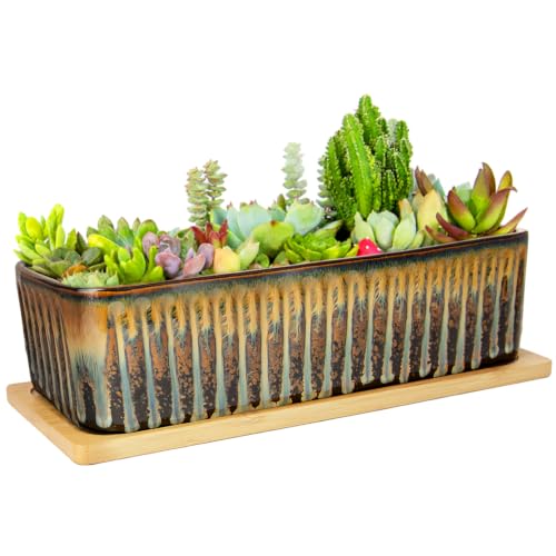 Succulent Pots, 12'' Long Rectangle Planters with Tray, Windowsill Planter - color: Flow Glaze