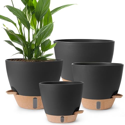 Self Watering Pots for Indoor Plants 12/10/9/8 Inch Plastic with Reservoir - color: Black