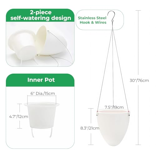 Self-Watering Hanging Planter Pot, Indoor Outdoor Plants, 6 Inch, 3 Pack